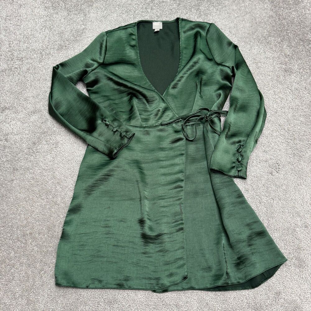 ASOS Satin Wrapped A-Line Mini Dress Womens 8 Emerald Green Long Sleeve V-Neck